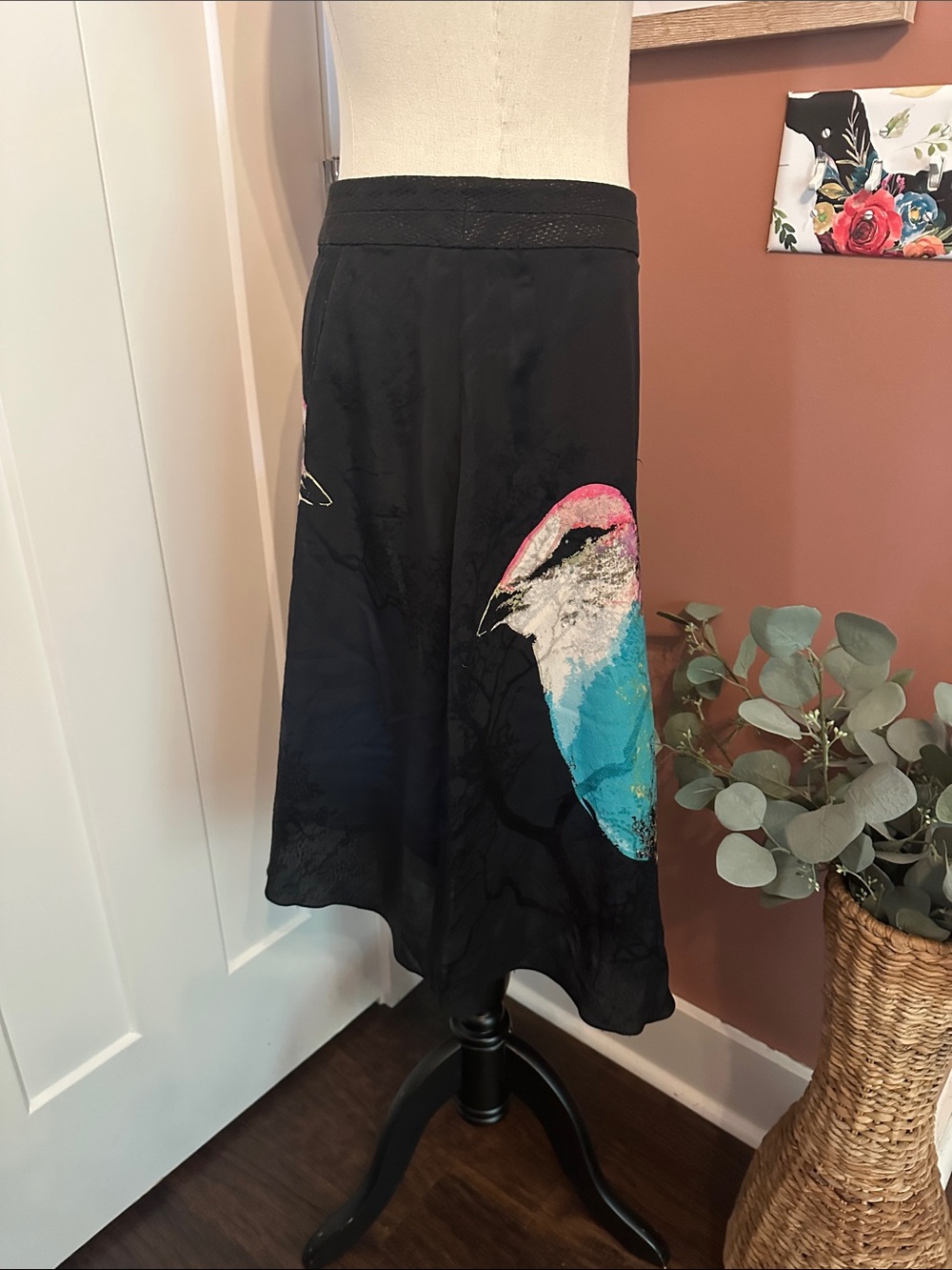 Anthropologie leifsdottir Corvida Black Asymmetrical Midi bird 4 silk skirt - Picture 4 of 14